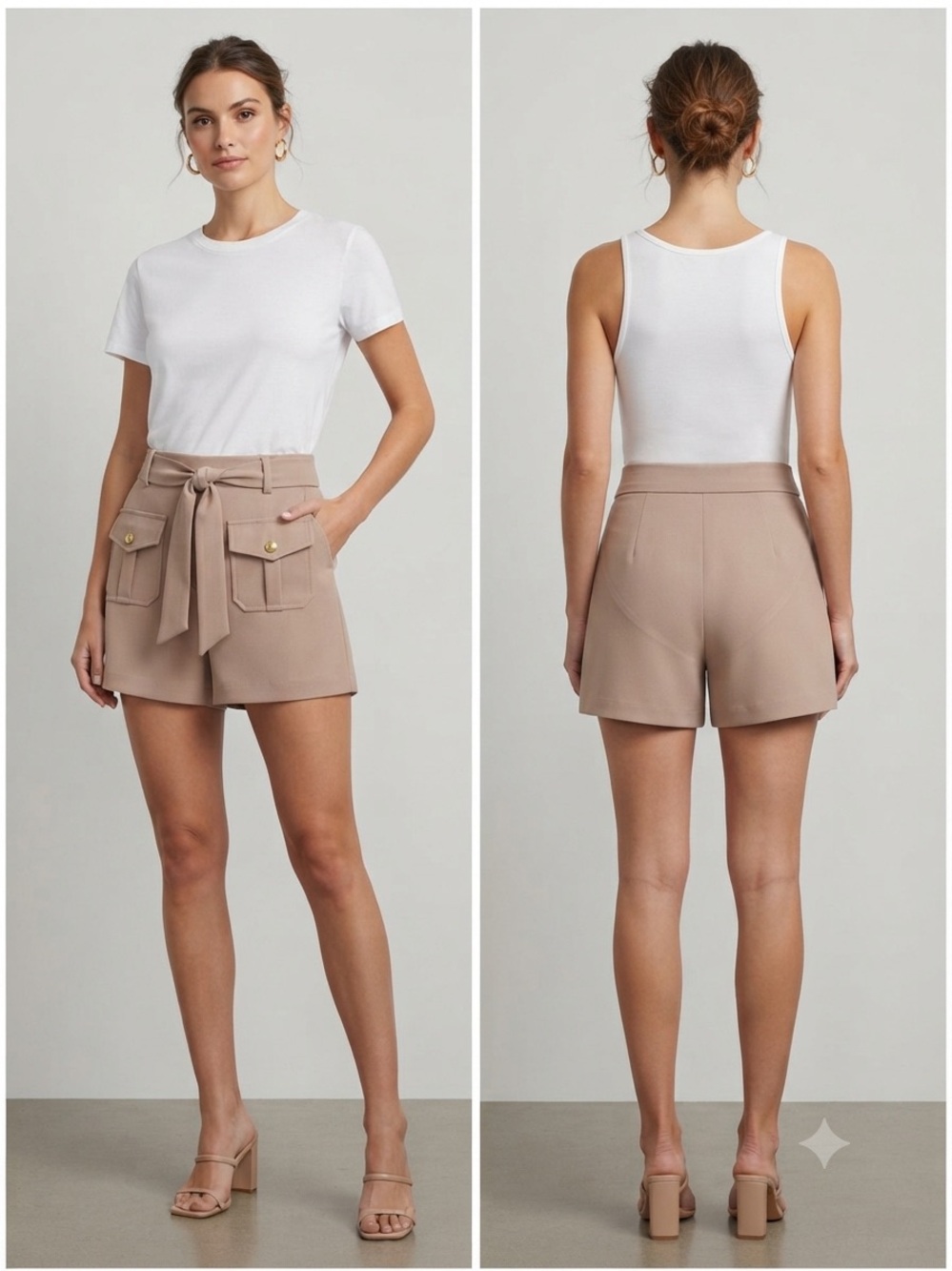 NEW NYCO Chic Beige Utility Cargo Shorts with Tie Belt & Gold Buttons High Rise